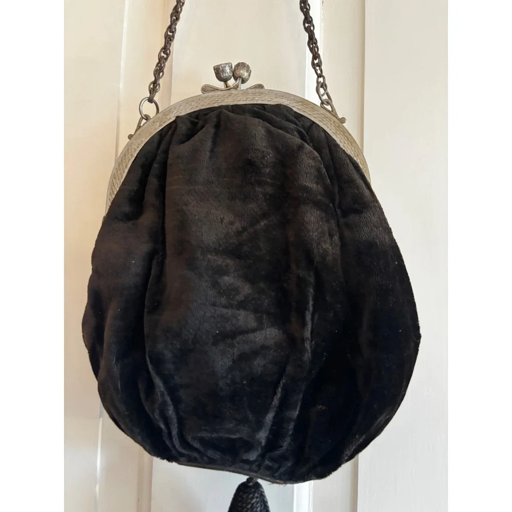 Antique Brownish Black Velvet Tassel Evening Bag Art Deco Kiss Lock Silk Lining